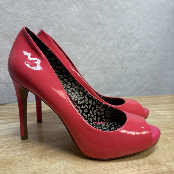 Jessica Simpson Saras Peep Toe Hot Pink Patent Leather 4” Stiletto Pump Size 6.5 - Picture 1 of 16